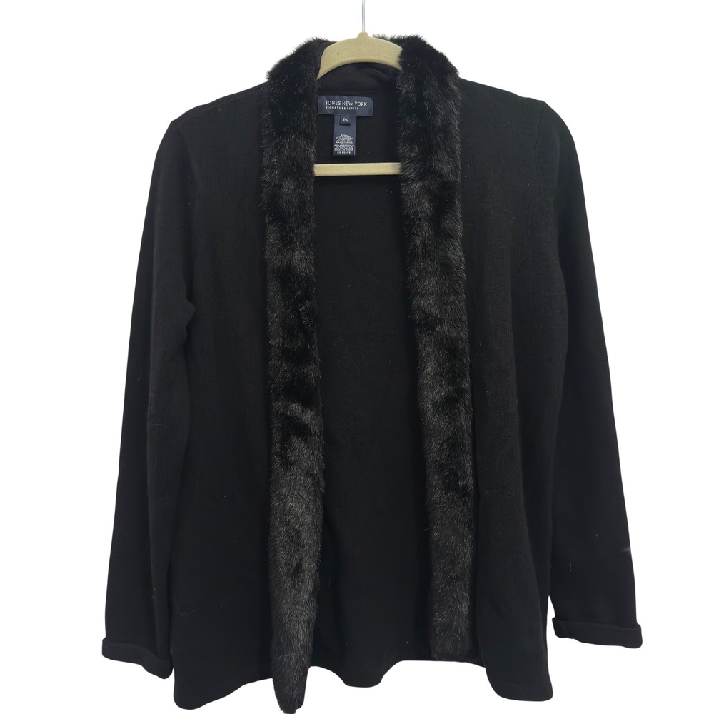 Jones New York Petite Cardigan Faux Fur Trim Quiet Luxury Black Wool Angora SP